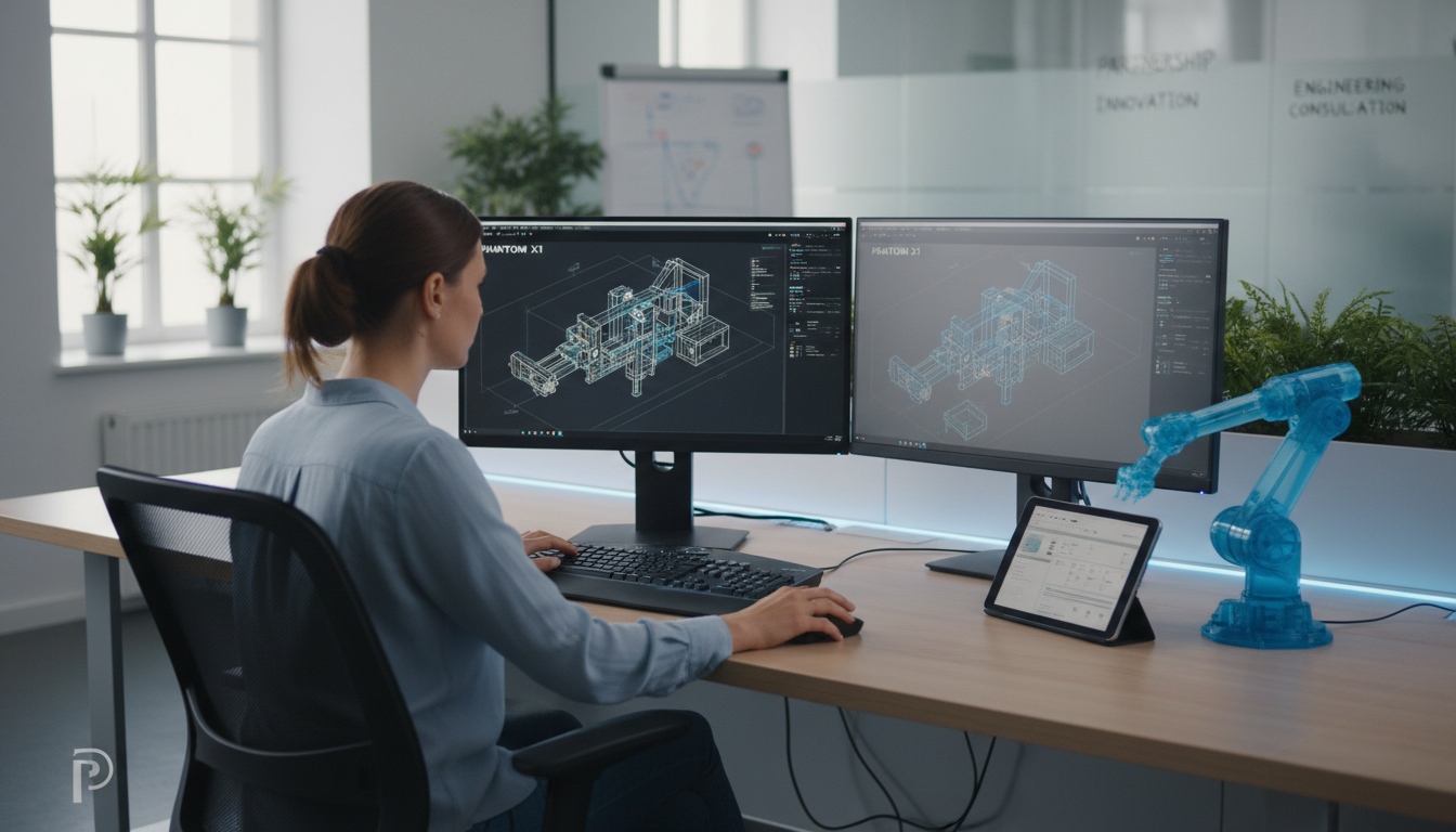 Engineer at workstation focused on technical drawings